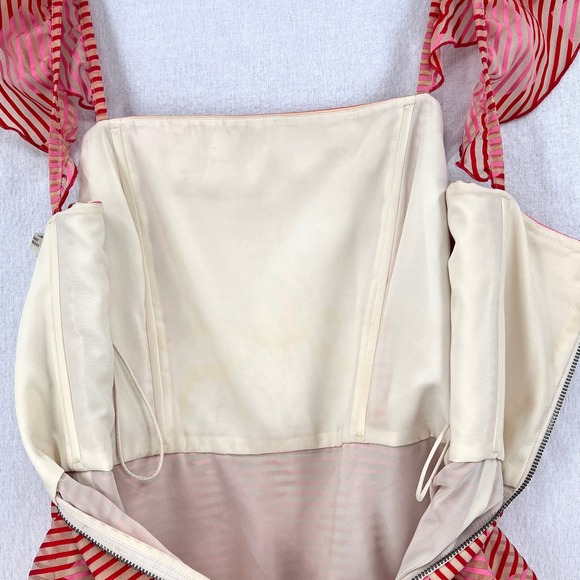 ALICE + OLIVIA Angelita Dress Women 4 Red Pink Sheer Stripe Ruffle Layered Party - Picture 16 of 16